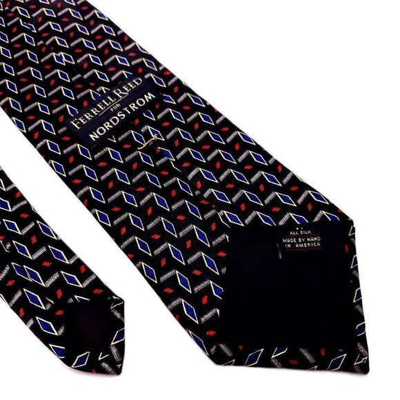 Ferrell Reed Nordstrom Silk‎ Tie Black Red Blue Geometric USA Wide - Picture 3 of 6